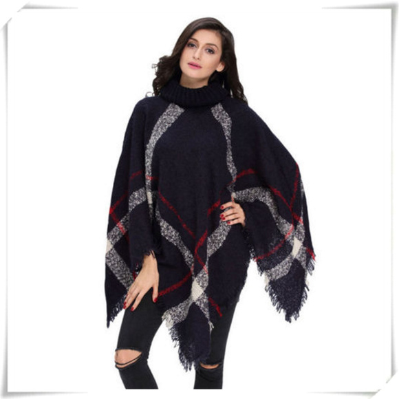 Sweaters - Plaid Poncho Sweater with Turtle Neck ONE SIZE